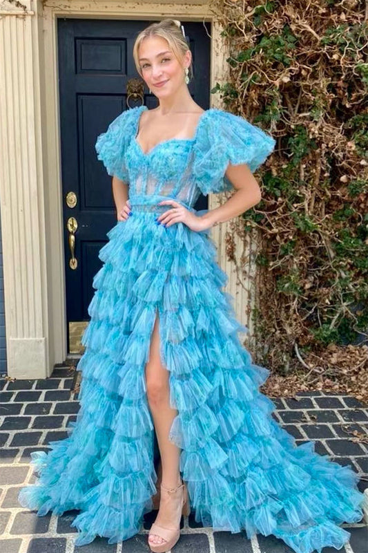 Alessia |A-line Multi Tiered Printed Tulle Prom Dress with Slit - Prom Dress - DYAVOR®