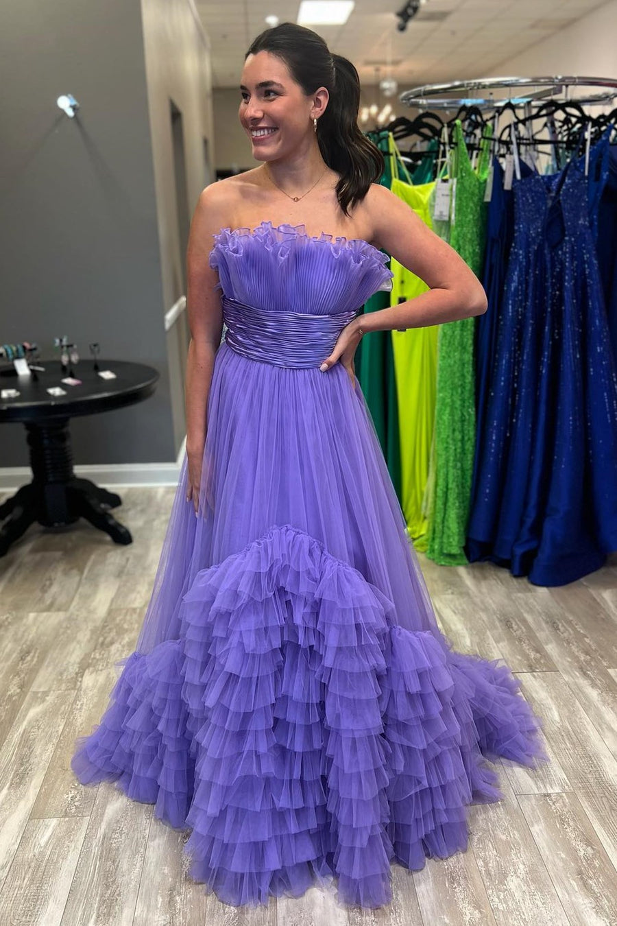Alani |A-Line Strapless Pink Tiered Long Tulle Prom Dress - Prom Dress - DYAVOR®