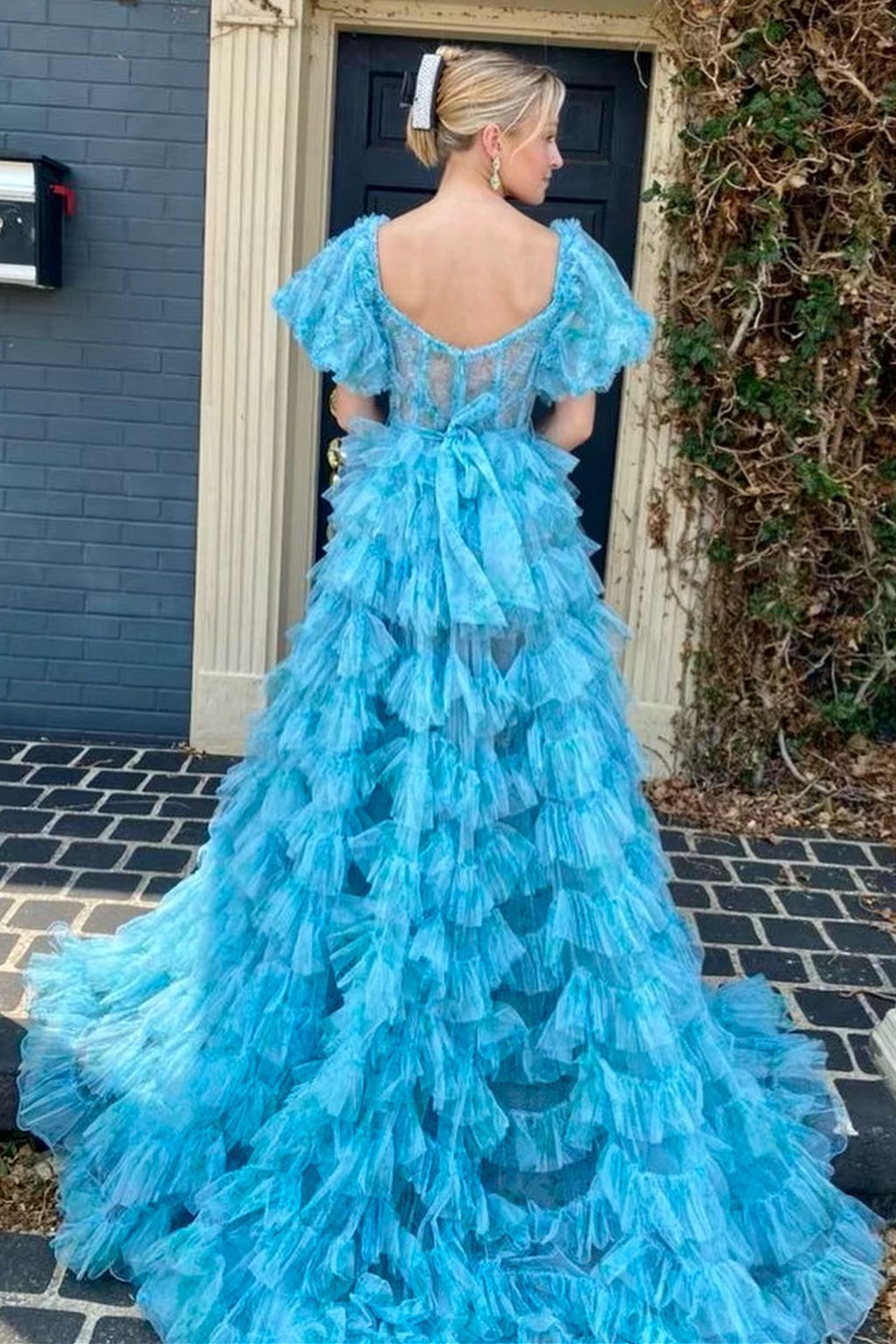 Alessia |A-line Multi Tiered Printed Tulle Prom Dress with Slit - Prom Dress - DYAVOR®