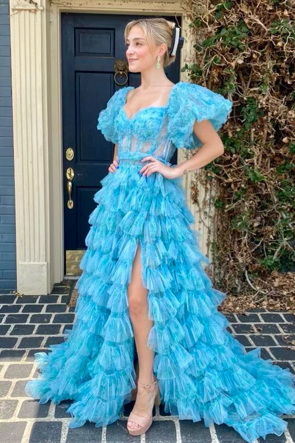 Alessia |A-line Multi Tiered Printed Tulle Prom Dress with Slit - Prom Dress - DYAVOR®