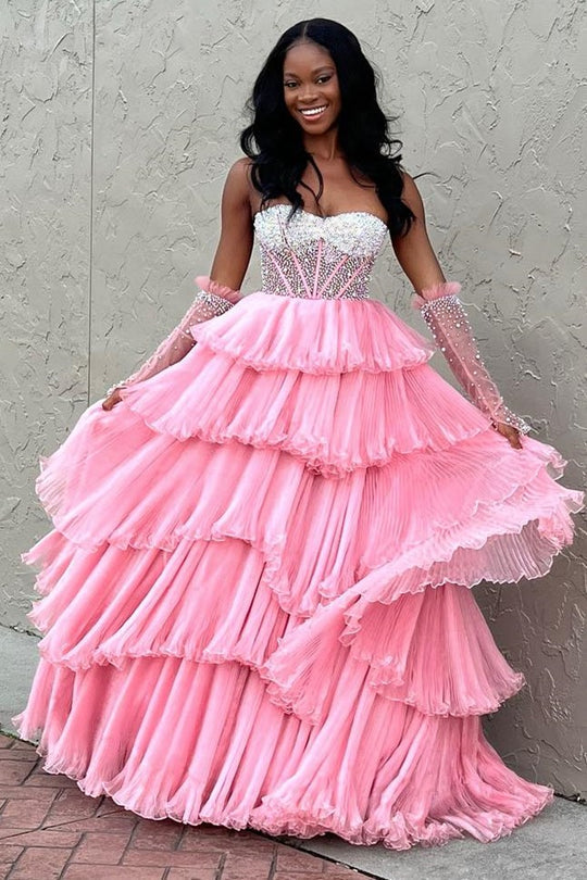Lana |A-line Sweetheart Tiered Organza Prom Dress with Detachable Sleeves - Prom Dress - DYAVOR®