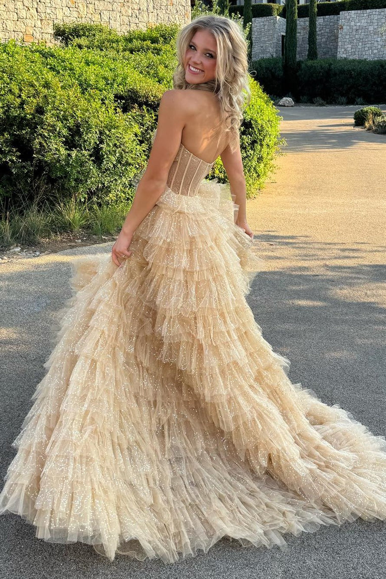 Aubriella |A Line Strapless Corset Glitter Tulle Prom Dress with Ruffles - Prom Dress - DYAVOR®