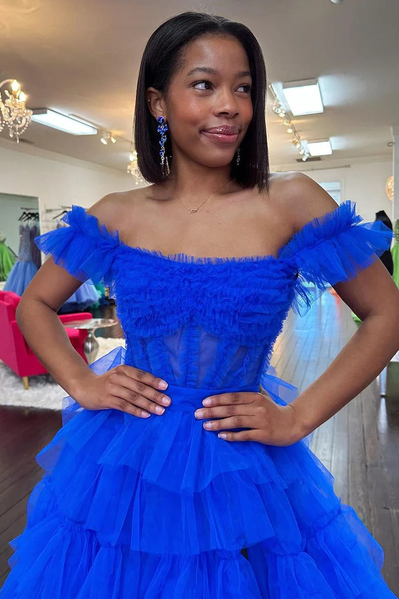Adalynn | Royal Blue Off the Shoulder Ruffle Tiered Tulle Long Prom Dresses with Slit - Prom Dress - DYAVOR®