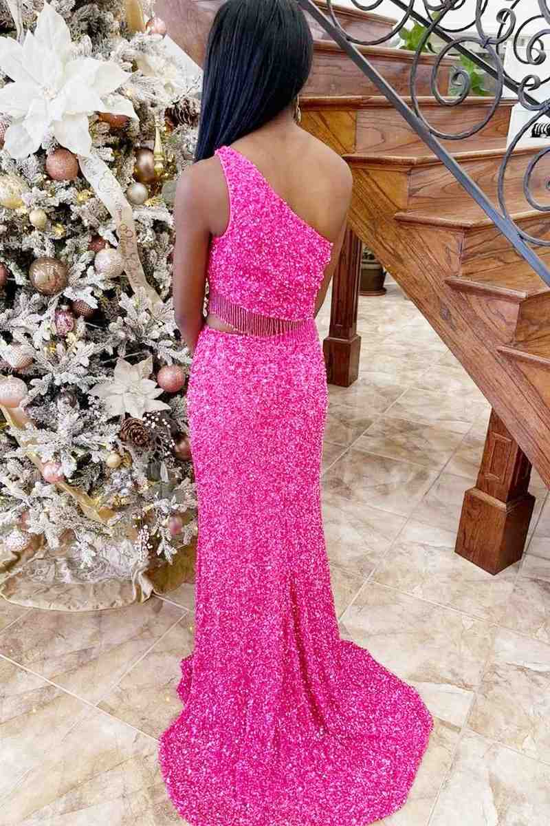 Eileen | Green Two Piece Sequined One Shoulder Long Party Dress with Tassel - Prom Dress - DYAVOR®