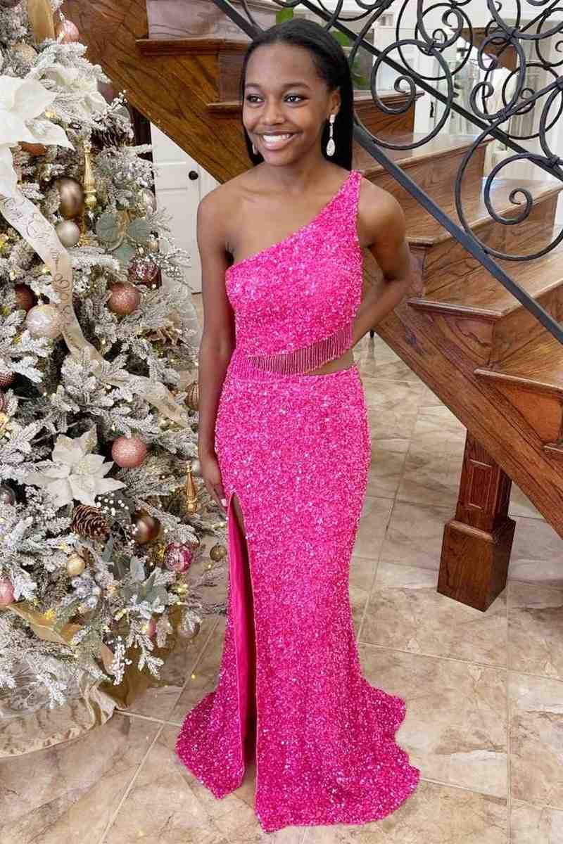 Eileen | Green Two Piece Sequined One Shoulder Long Party Dress with Tassel - Prom Dress - DYAVOR®