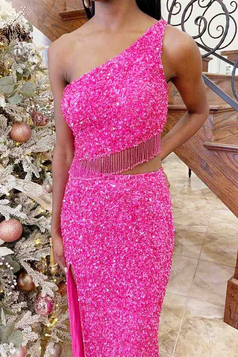Eileen | Green Two Piece Sequined One Shoulder Long Party Dress with Tassel - Prom Dress - DYAVOR®