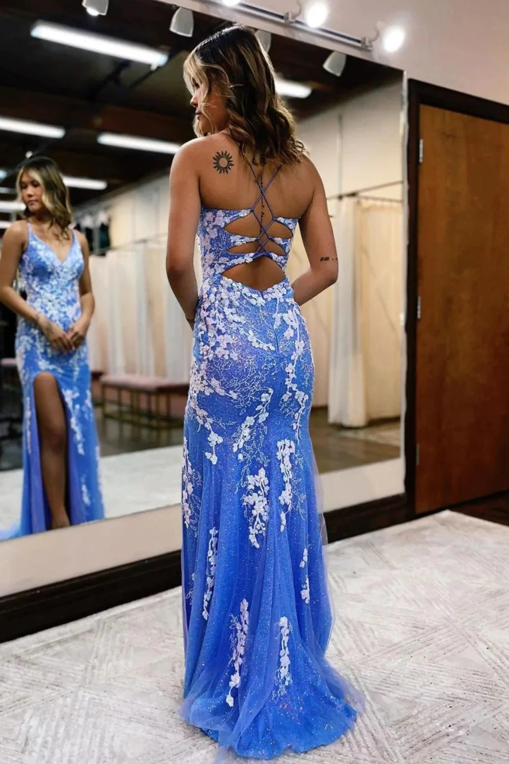 Ainhoa | Glitter Blue Mermaid Lace Long Prom Dress with Slit - prom dress - DYAVOR®