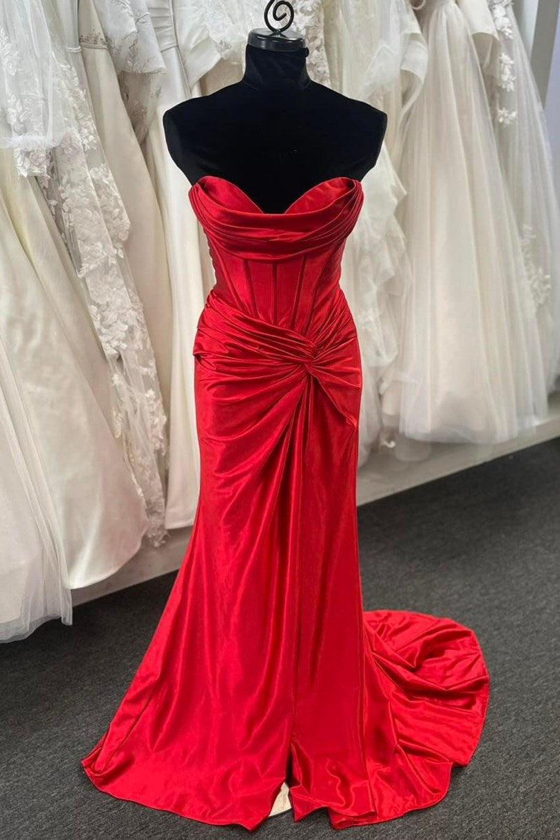 Leslie | Red Strapless Twist-Front Mermaid Long Dress with Slit - Prom Dress - DYAVOR®