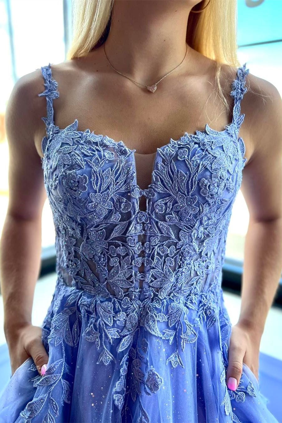 Rosalia | A-Line Spaghetti Strap Tulle Lace Prom Dress with Pockets - Prom Dress - DYAVOR®