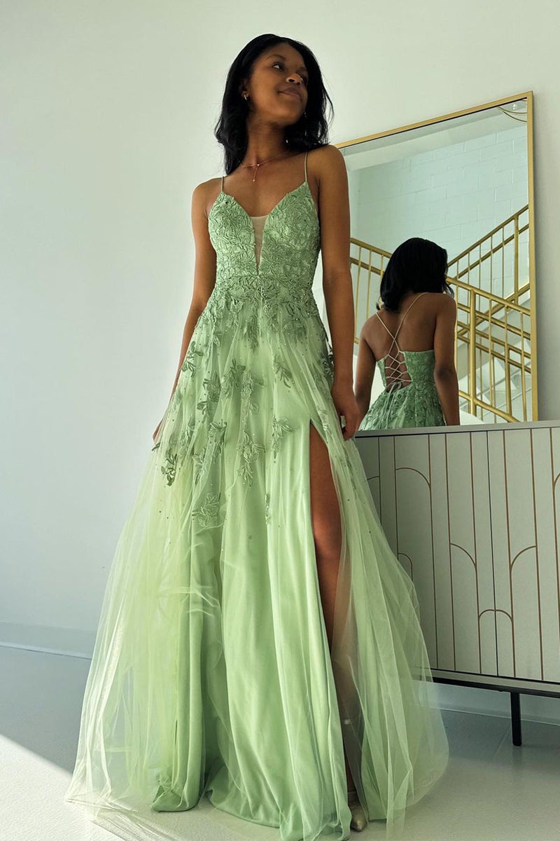 Sage Green V Neck Tulle A-Line Long Prom Dresses with Appliques - Prom Dress - DYAVOR®