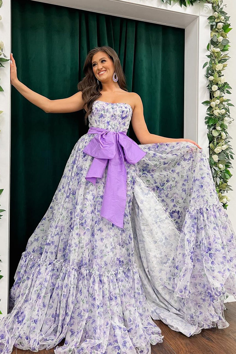 Chic Floral Printed Chiffon Strapless Long Prom Dresses with Slit - Prom Dress - DYAVOR®