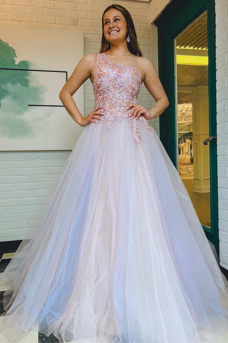 Ombre Tulle Floral Lace One-Shoulder A-Line Long Prom Dress - Prom Dress - DYAVOR®