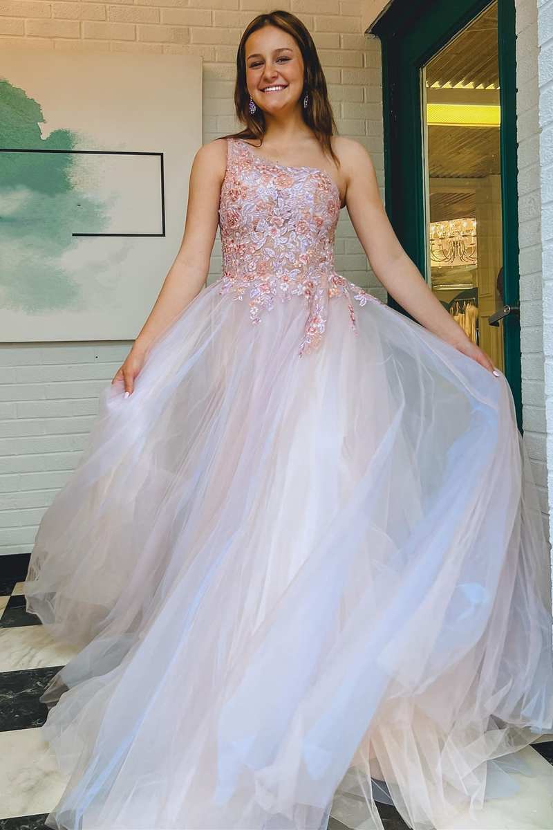 Ombre Tulle Floral Lace One-Shoulder A-Line Long Prom Dress - Prom Dress - DYAVOR®