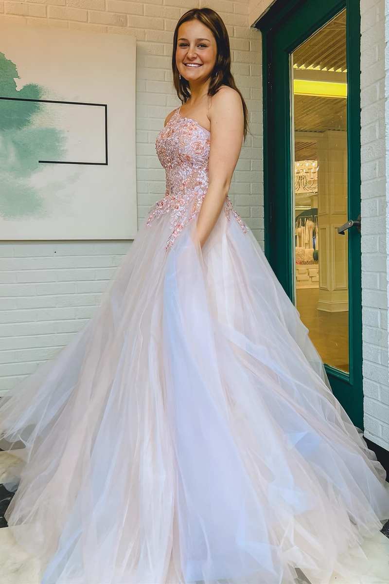 Ombre Tulle Floral Lace One-Shoulder A-Line Long Prom Dress - Prom Dress - DYAVOR®