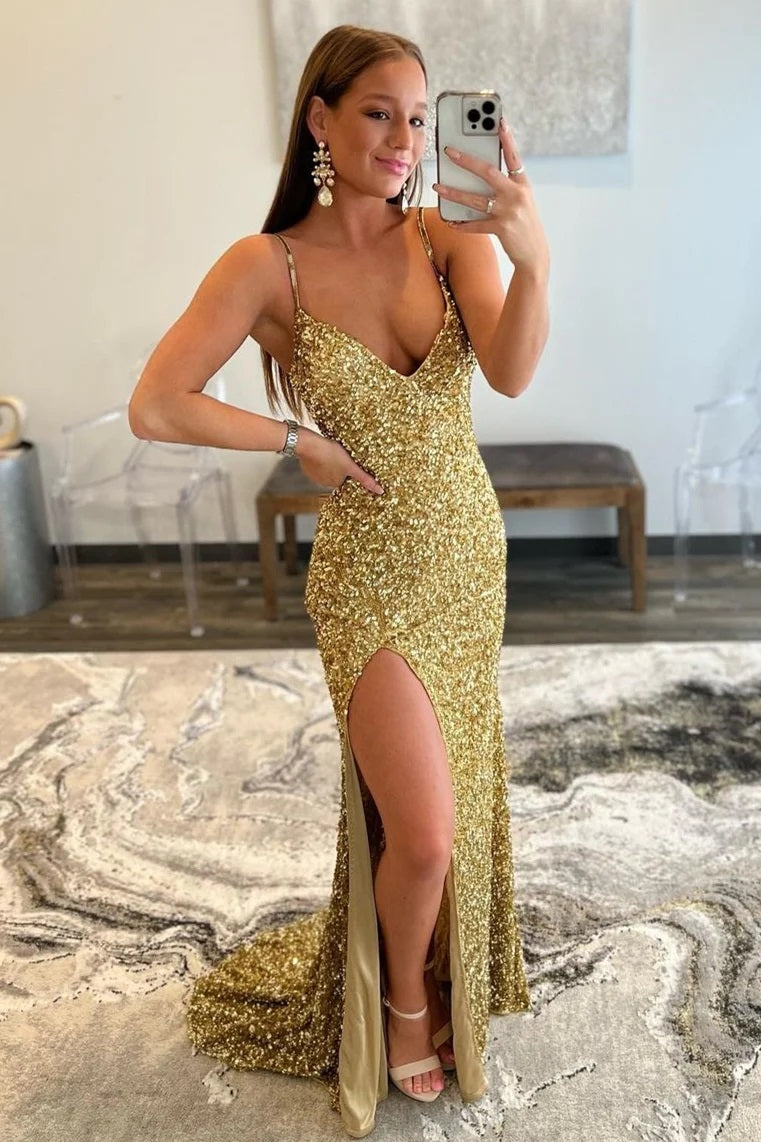 Arlene | Charming Mermaid V Nekc Gold Sequins Long Prom Dresses with Slit - Prom Dress - DYAVOR®