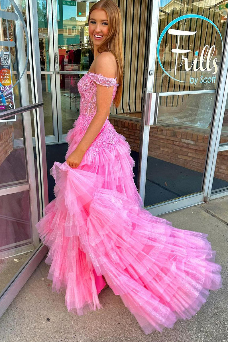 Off-the-Shoulder Pink Ruffle Tulle Long Prom Dress with Appliques - Prom Dress - DYAVOR®