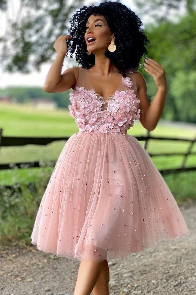 Yolanda |A-Line Beaded Tulle Homecoming Dress with Flowers - Homecoming Dress - DYAVOR®