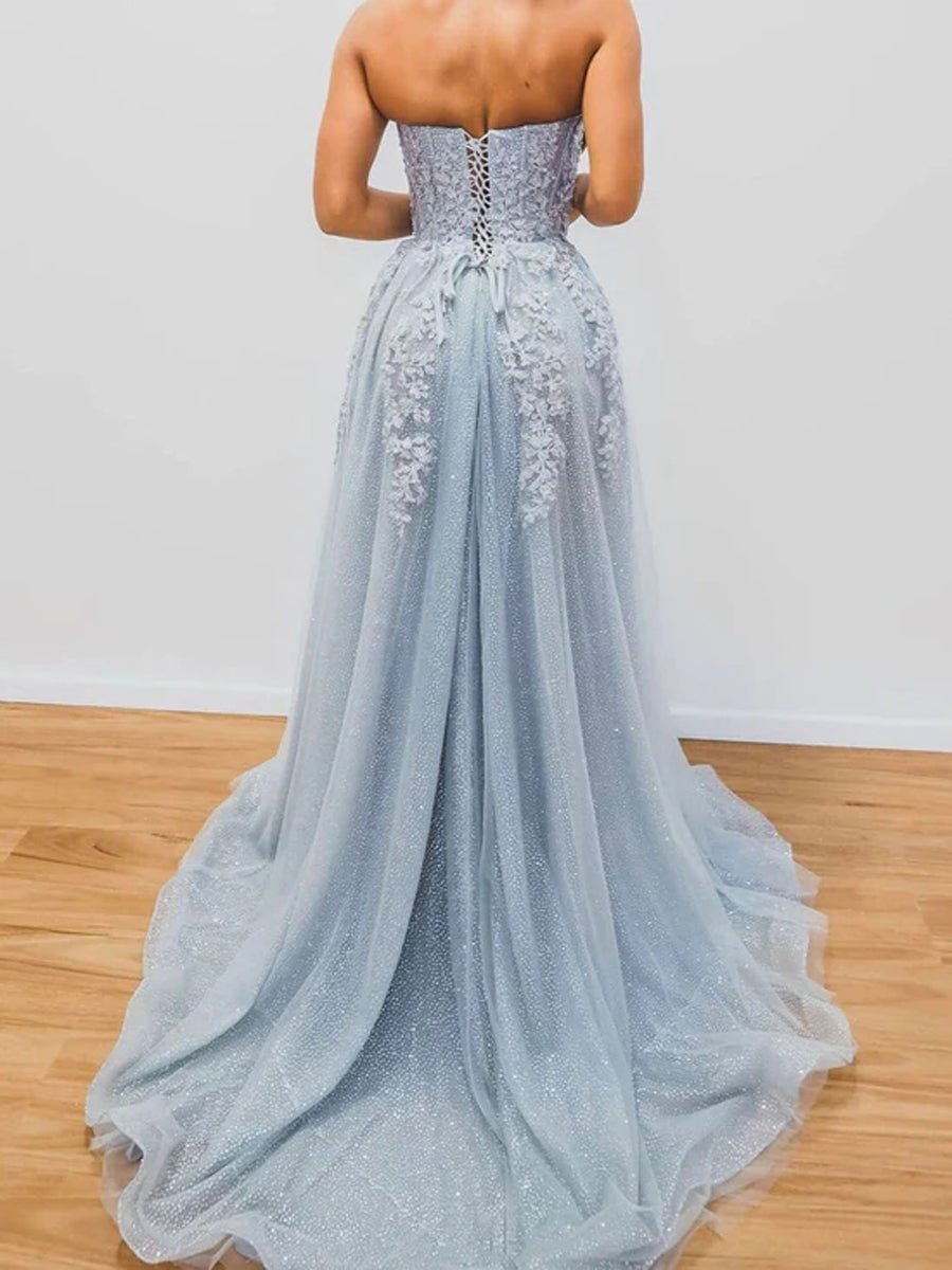 Jenna | A-Line Evening Gown Sparkle & Shine Dress Formal Court Train Sleeveless Sweetheart Tulle with Beading Slit Appliques - Prom Dress - DYAVOR®