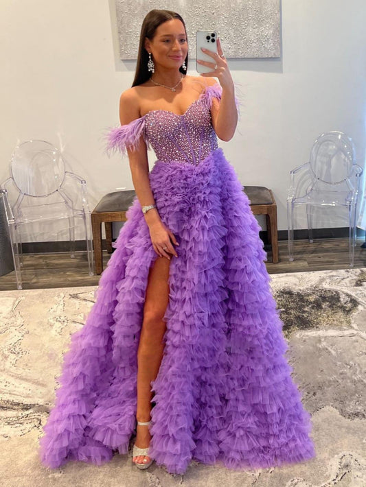 Astrid |A Line Off the Shoulder Tiered Tulle Prom Dress With Slit - Prom Dress - DYAVOR®