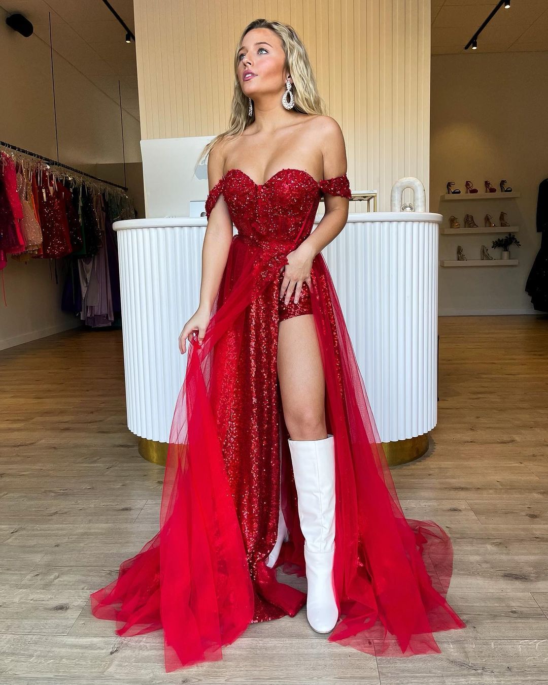 Ashlee | Sparkly Tow Piece Off the Shoulder Red Sequins Long Prom Dresses - Prom Dress - DYAVOR®