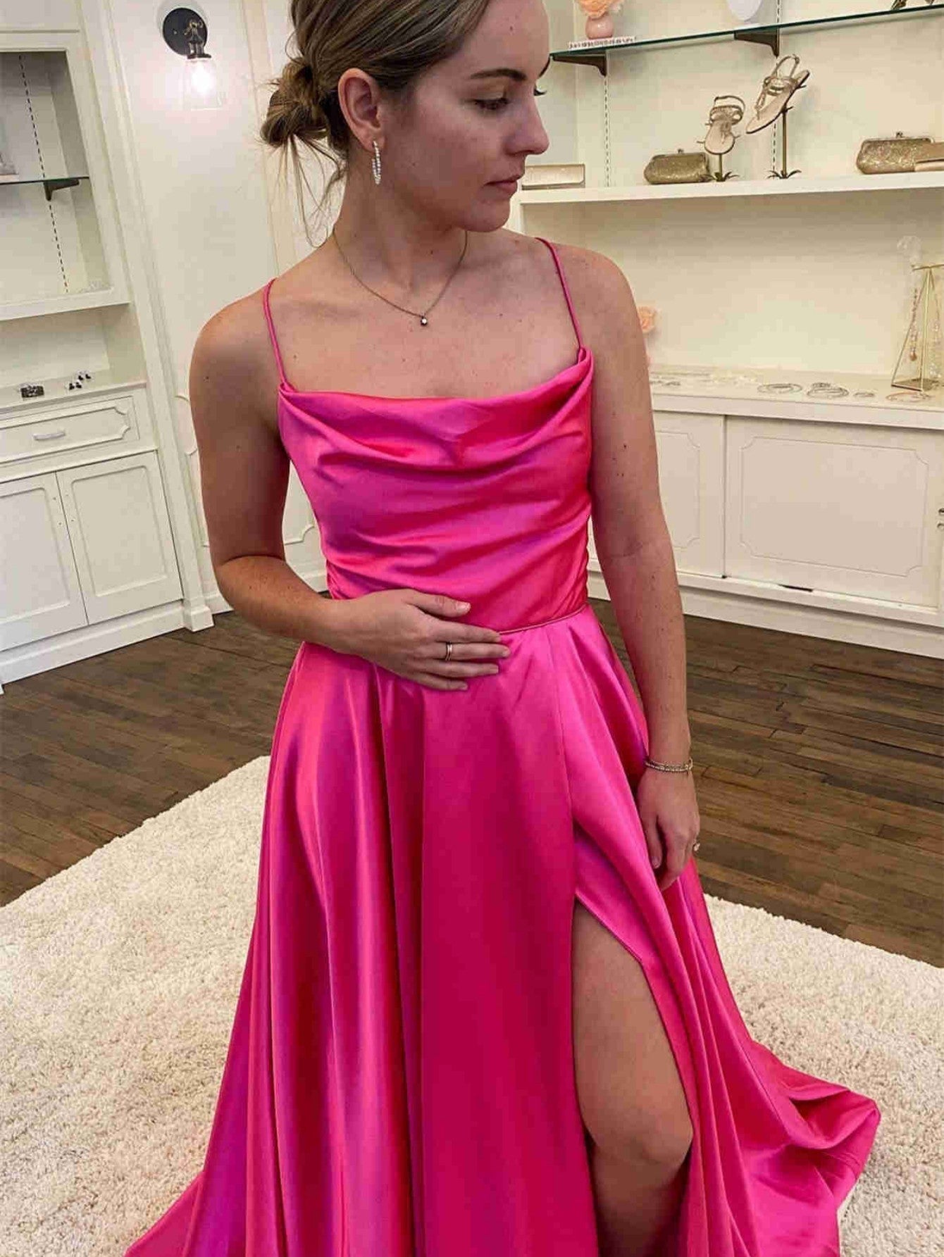 Araya |A Line Cowl Neck Satin Prom Dress With Slit - Prom Dress - DYAVOR®