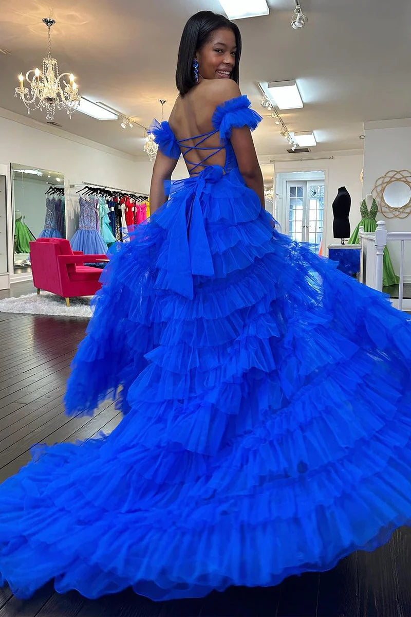 Adalynn | Royal Blue Off the Shoulder Ruffle Tiered Tulle Long Prom Dresses with Slit - Prom Dress - DYAVOR®