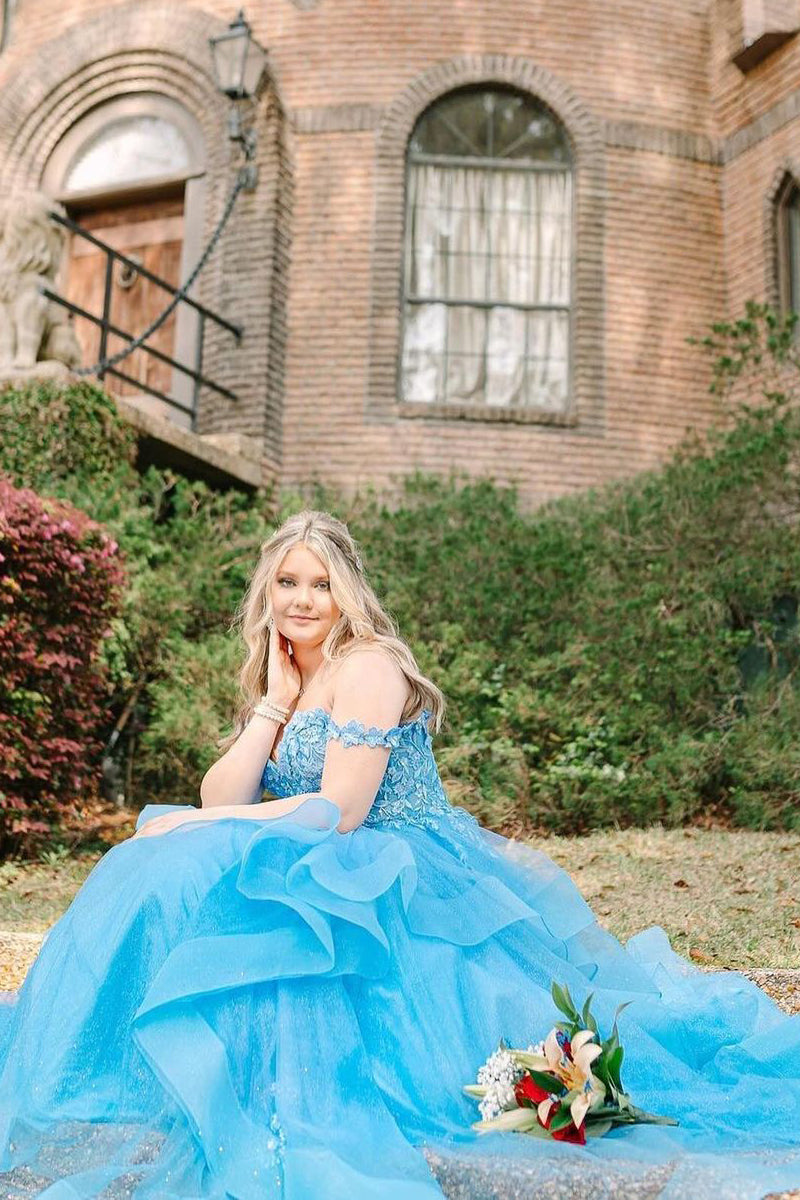 Blue Off the Shoulder Ruffle Tiered Tulle Long Prom Dresses with Appliques - Prom Dress - DYAVOR®