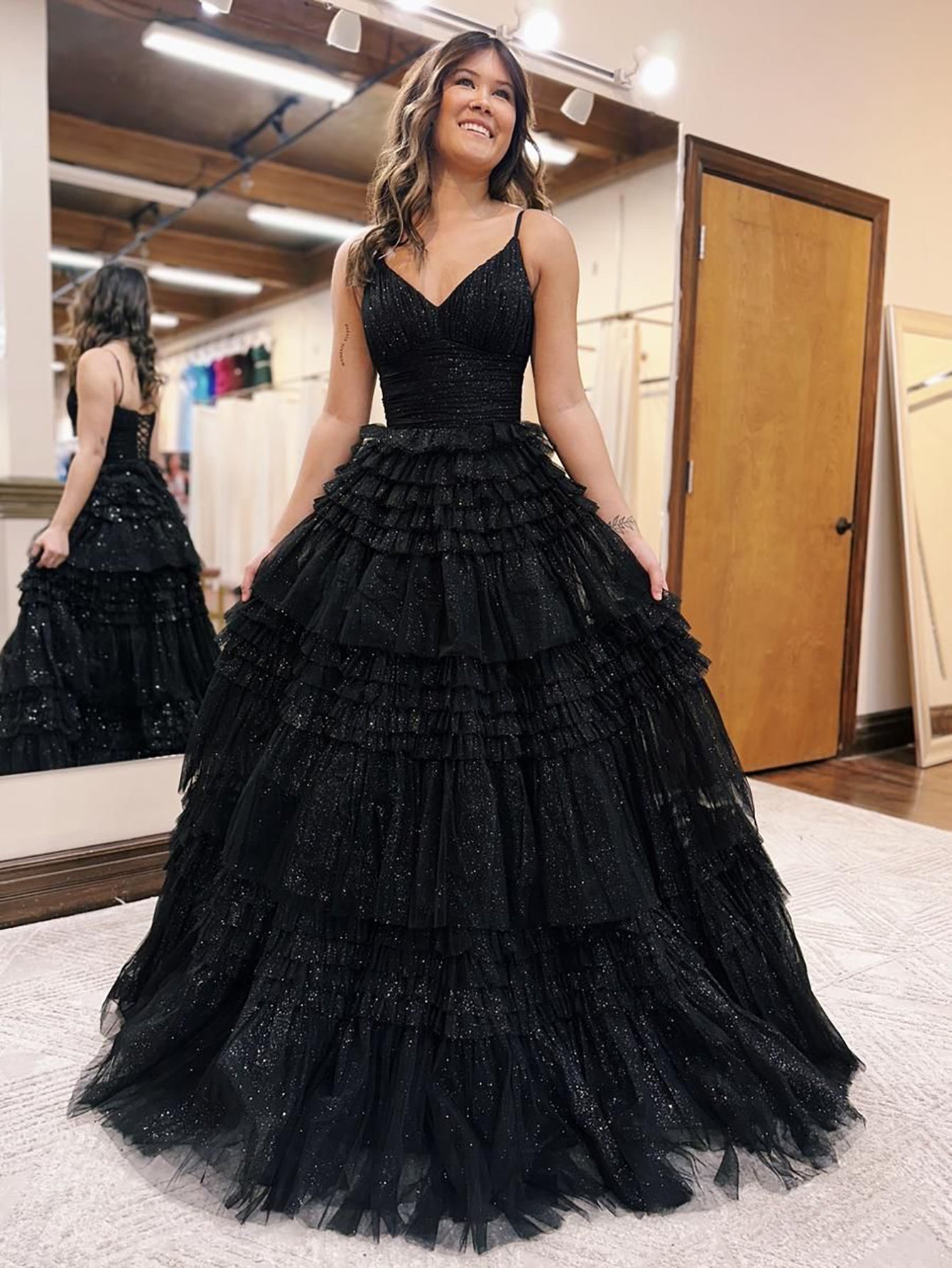 Emerson | Black A-Line Deep V Neck Tiered Long Glitter Tulle Prom Dress - Prom Dress - DYAVOR®