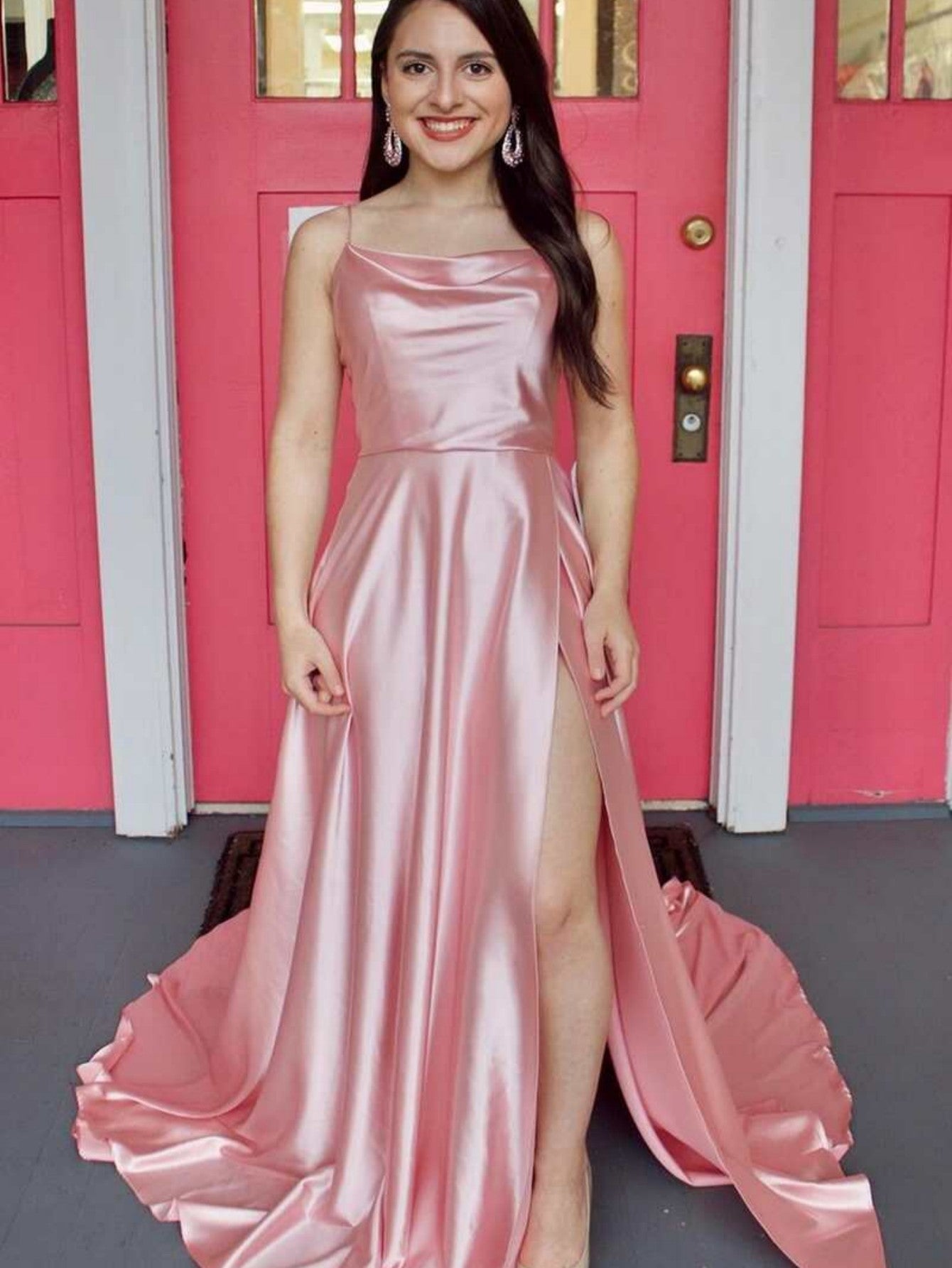 Araya |A Line Cowl Neck Satin Prom Dress With Slit - Prom Dress - DYAVOR®