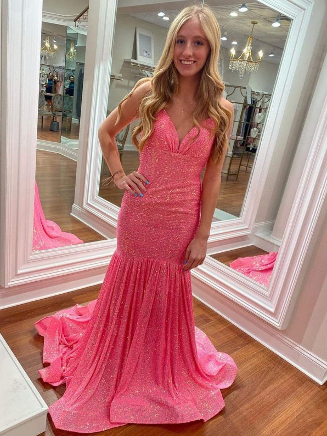 Amaris |Mermaid Orange V Neck Sequins Prom Dress - Prom Dress - DYAVOR®