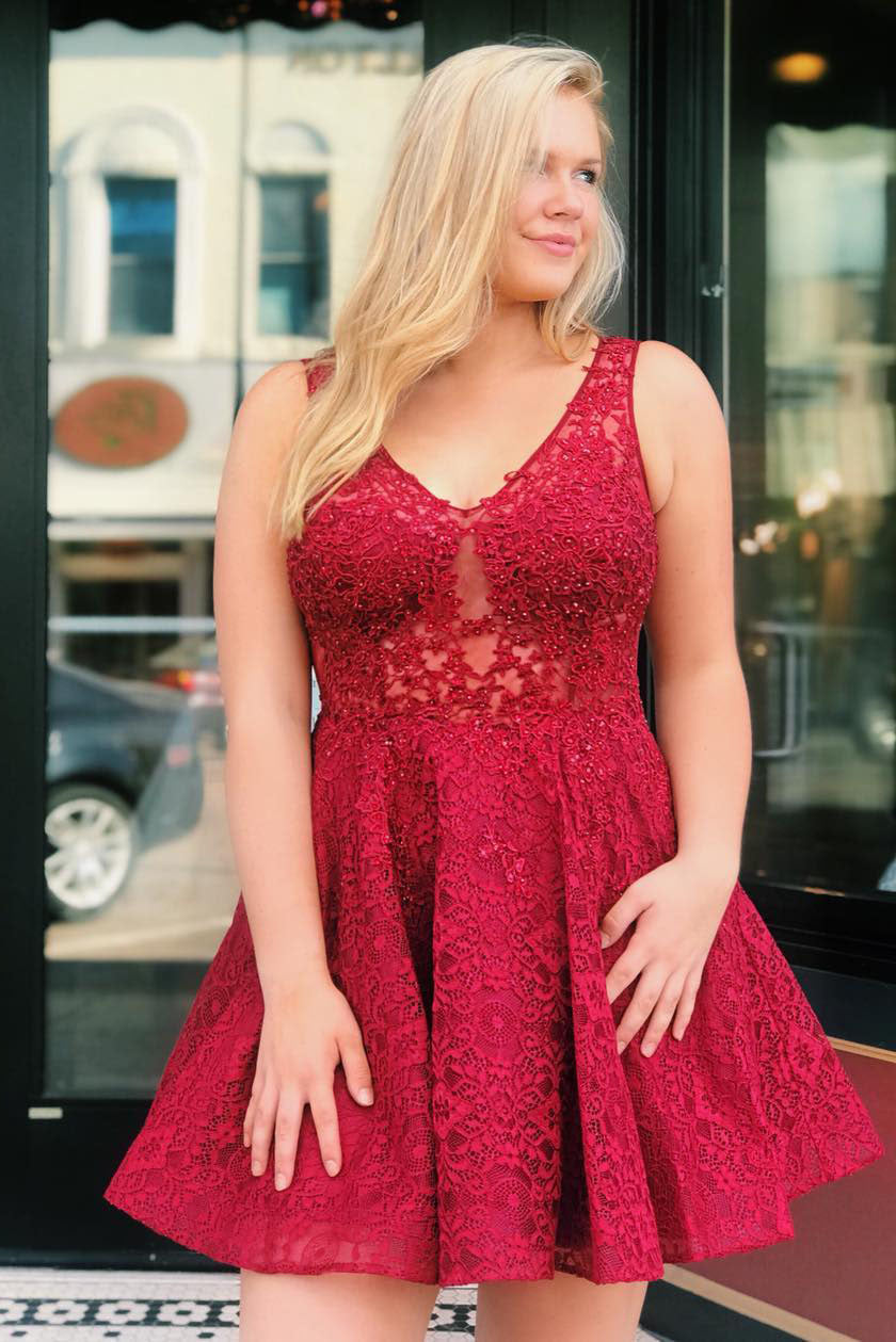 Gertrude |A-line Red Lace Homecoming Dress with Sheer Back - Homecoming Dress - DYAVOR®
