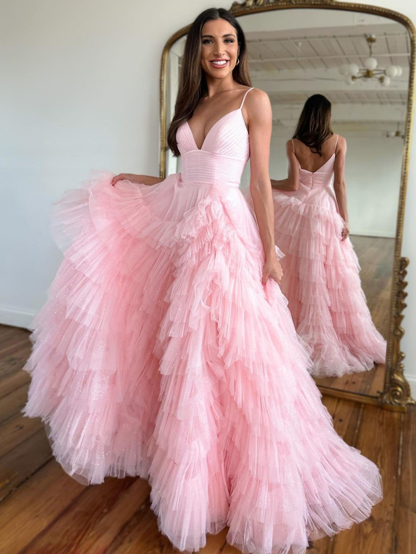 Alianna | Light Pink A-Line Tiered Spaghetti Straps Tulle Prom Dress - Prom Dress - DYAVOR®