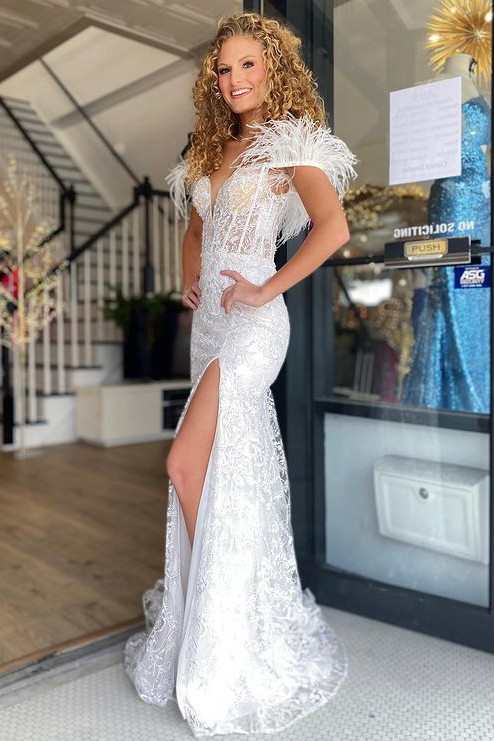Paloma |Mermaid Feather Off the Shoulder Lace Prom Dress - Prom Dress - DYAVOR®