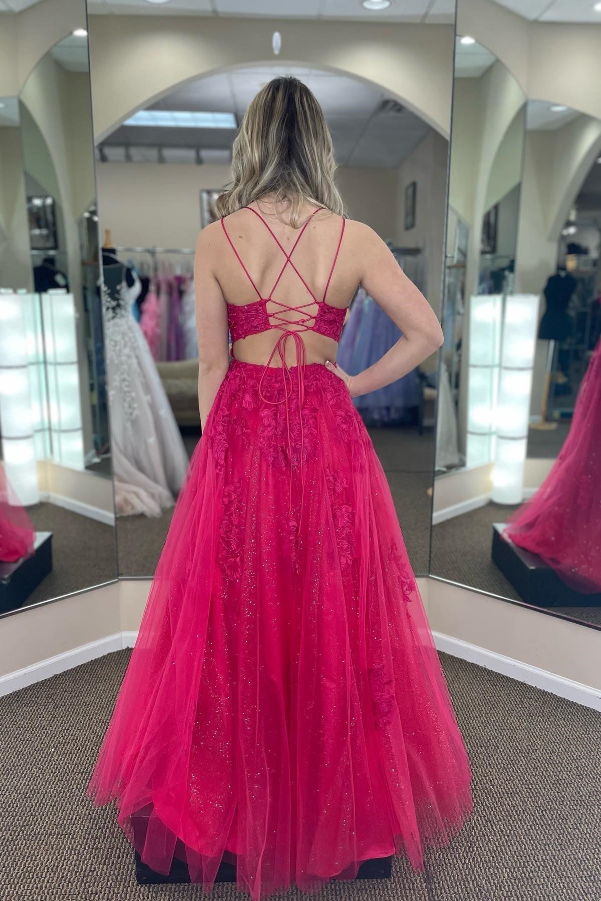 Lindsey | Fuchsia A-line Tulle Scoop Neckline Applique Slit Long Prom Dress - Prom Dress - DYAVOR®