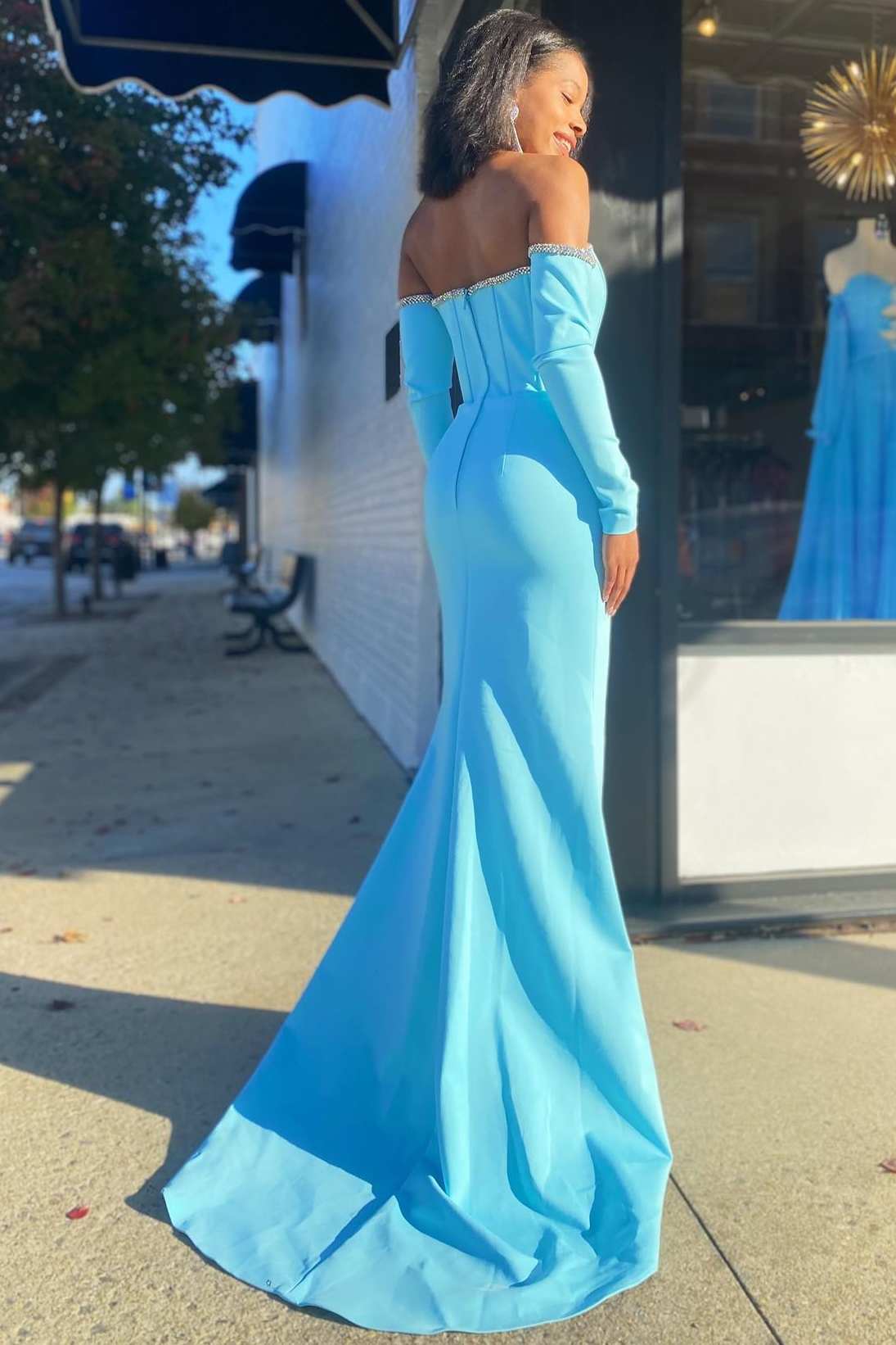 Aqua Off-the-Shoulder Long Sleeve Mermaid Formal Dress - Prom Dress - DYAVOR®