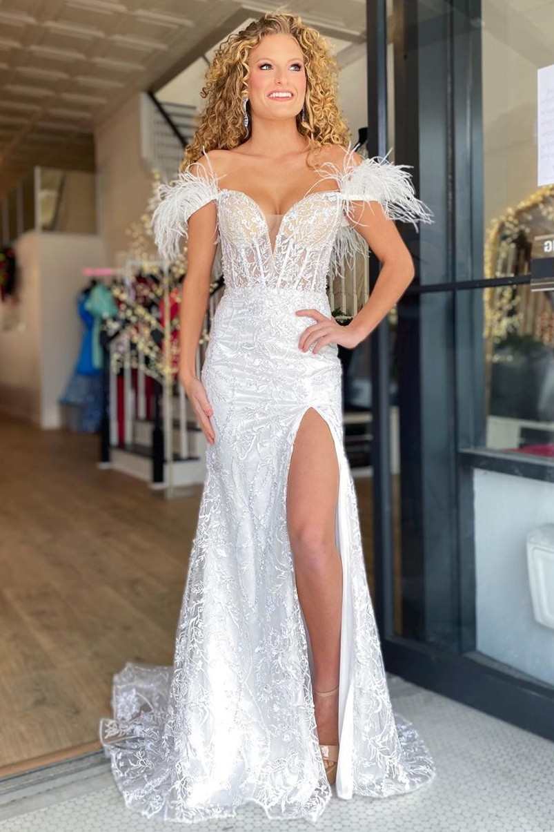 Paloma |Mermaid Feather Off the Shoulder Lace Prom Dress - Prom Dress - DYAVOR®