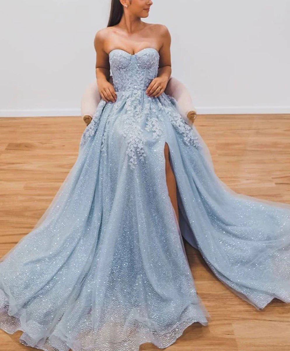 Jenna | A-Line Evening Gown Sparkle & Shine Dress Formal Court Train Sleeveless Sweetheart Tulle with Beading Slit Appliques - Prom Dress - DYAVOR®