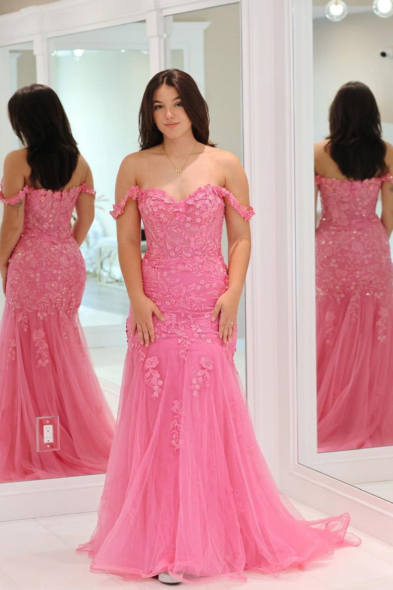Suzanne | Pink Mermaid Off the Shoulder Tulle Long Prom Dress with Appliques - Prom Dress - DYAVOR®
