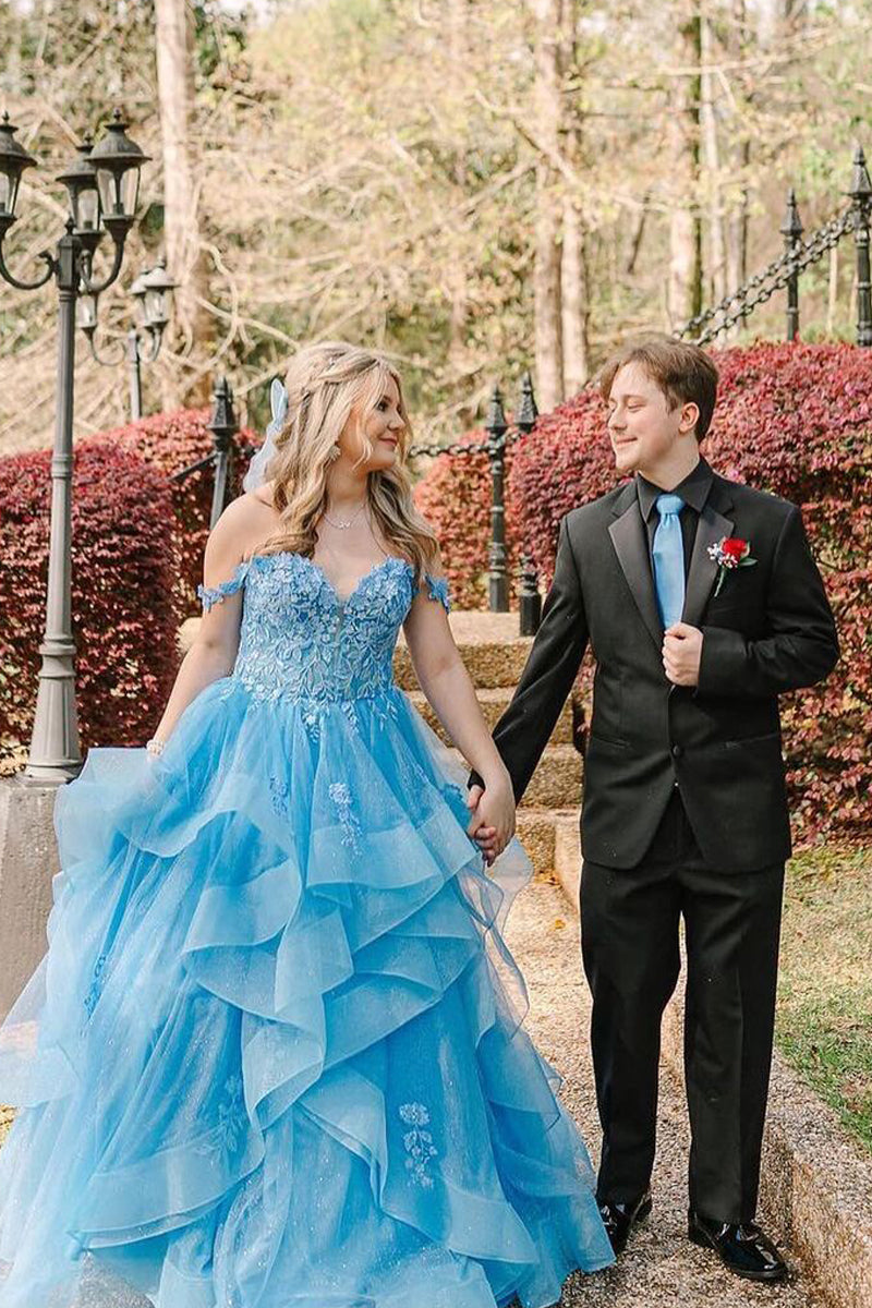 Blue Off the Shoulder Ruffle Tiered Tulle Long Prom Dresses with Appliques - Prom Dress - DYAVOR®
