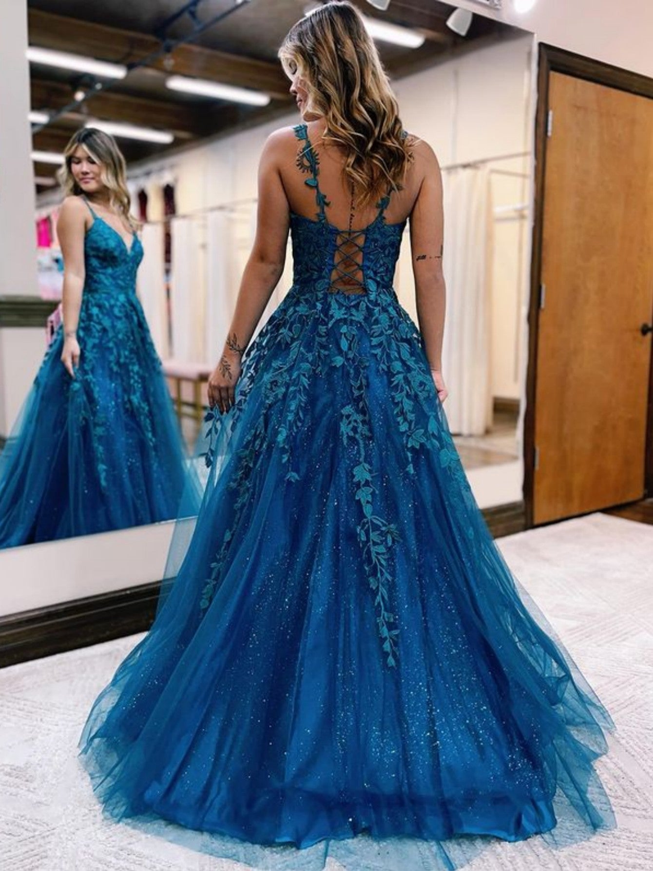 Veronica |A Line Ink Blue Glitter Tulle Lace Prom Dress - Prom Dress - DYAVOR®