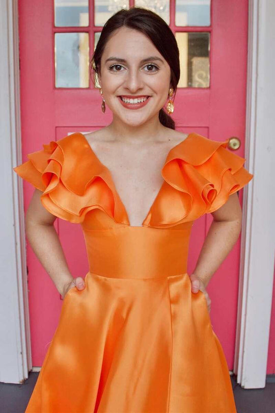 Betsy | Hot Pink V-Neck Ruffle A-Line Long Prom Dress - Prom Dress - DYAVOR®