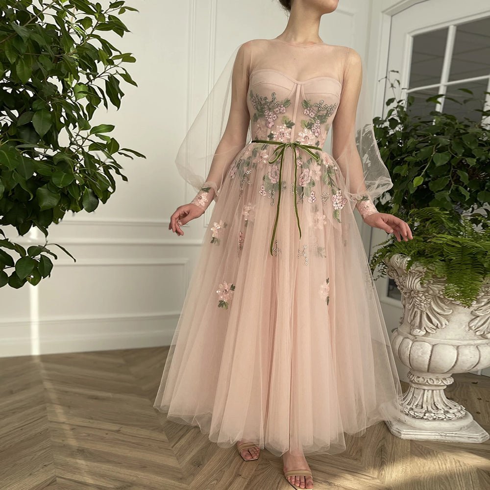 Meilani |A Line Scoop Long Sleeve Tulle Prom Dress with Floral Embroidery - Prom Dress - DYAVOR®
