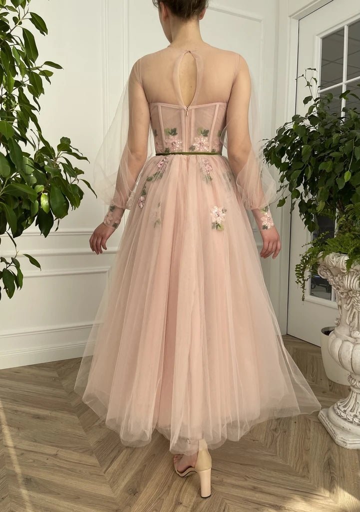 Meilani |A Line Scoop Long Sleeve Tulle Prom Dress with Floral Embroidery - Prom Dress - DYAVOR®