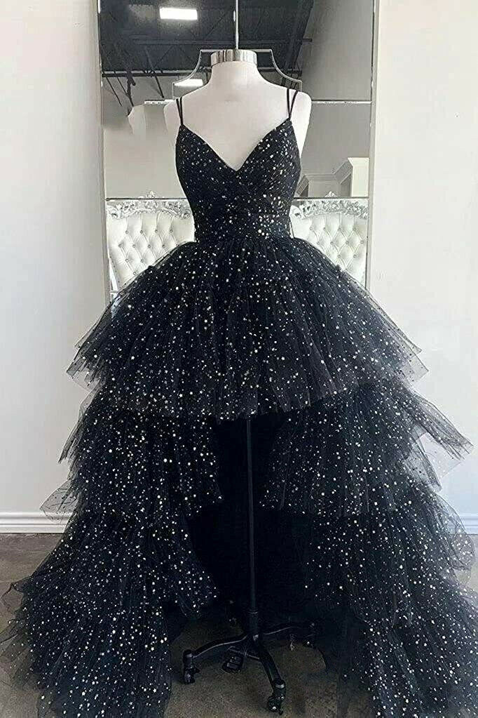 Nathalia |A Line Spaghetti Straps Tiered Tulle High Low Prom Dress - Prom Dress - DYAVOR®