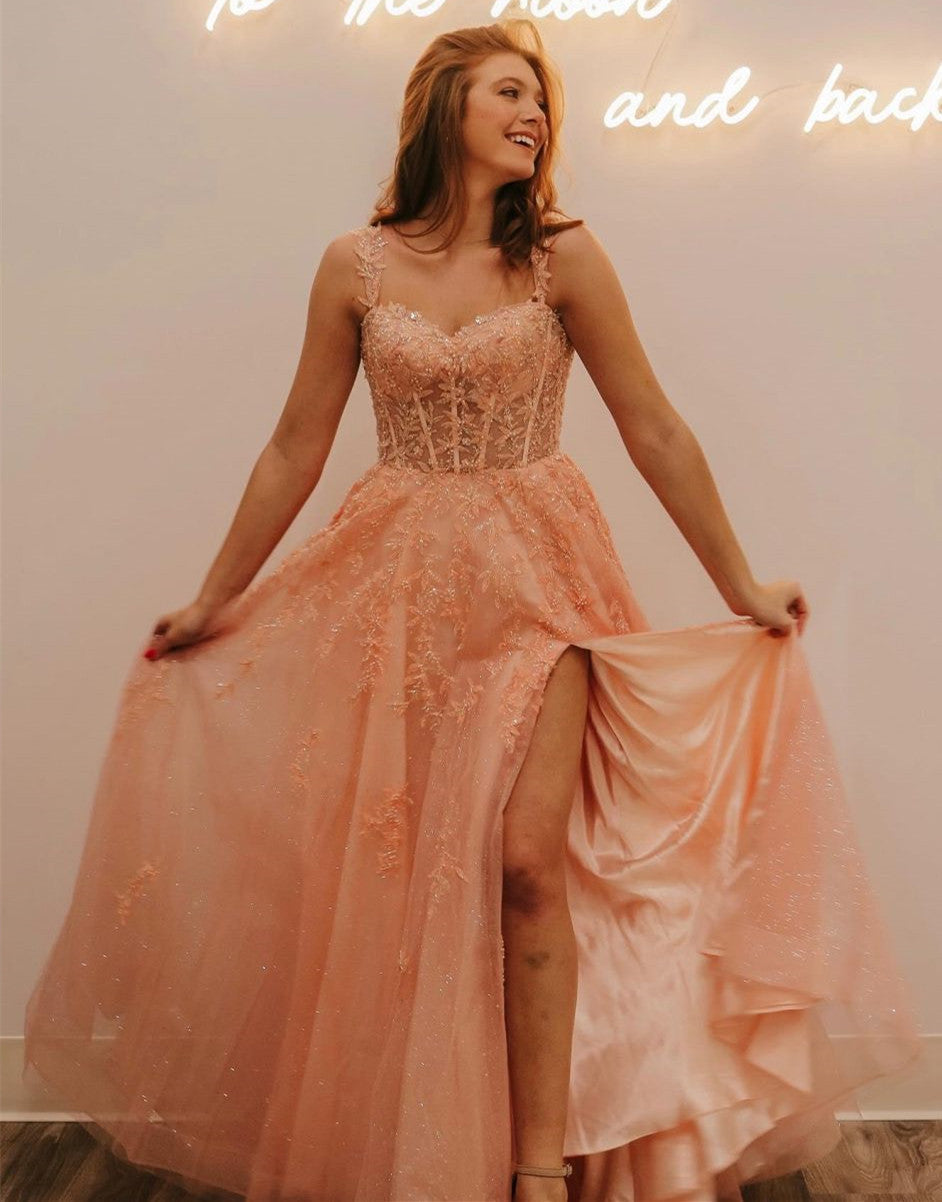Rylie |A-Line Spaghetti Straps Glitter Tulle Prom Dress with Slit - Prom Dress - DYAVOR®