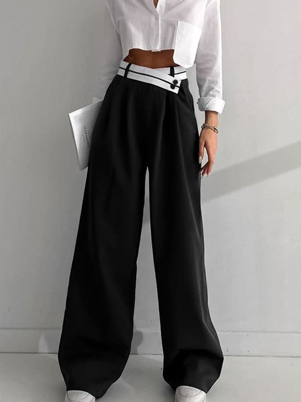 Asymmetrical Contrast Waistband Wide Leg Dress Pants - 05/112024 1 - DYAVOR®