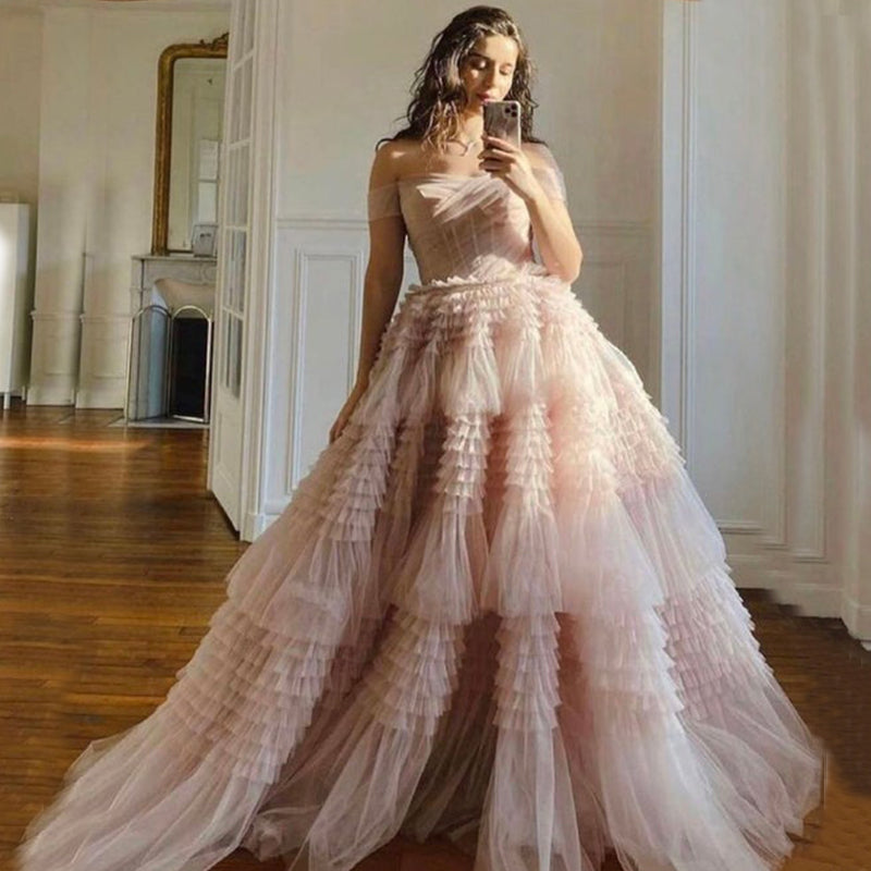 Zariah | Blush Princess A line Off Shoulder Ruffled Tulle Prom Dress - Prom Dress - DYAVOR®