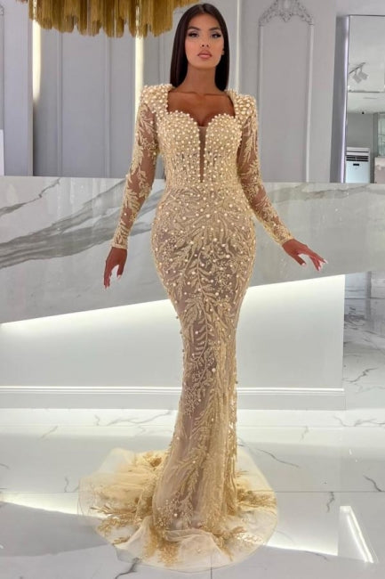 Champagne Mermaid Long Sleeves Sweetheart Prom Dress with Tulle Overskirt - Prom Dresses - DYAVOR®