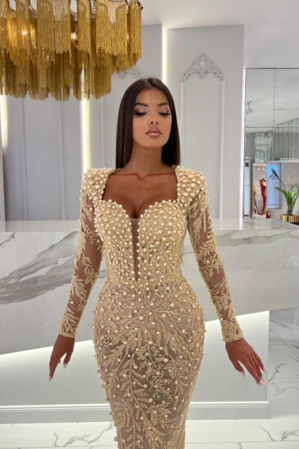 Champagne Mermaid Long Sleeves Sweetheart Prom Dress with Tulle Overskirt - Prom Dresses - DYAVOR®