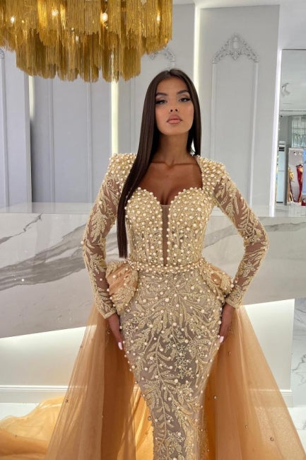 Champagne Mermaid Long Sleeves Sweetheart Prom Dress with Tulle Overskirt - Prom Dresses - DYAVOR®